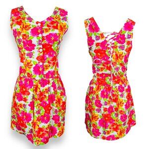 Vintage 1990s Floral Sleeveless Corset Back Sleeveless Dress 14 Y / W Small / S